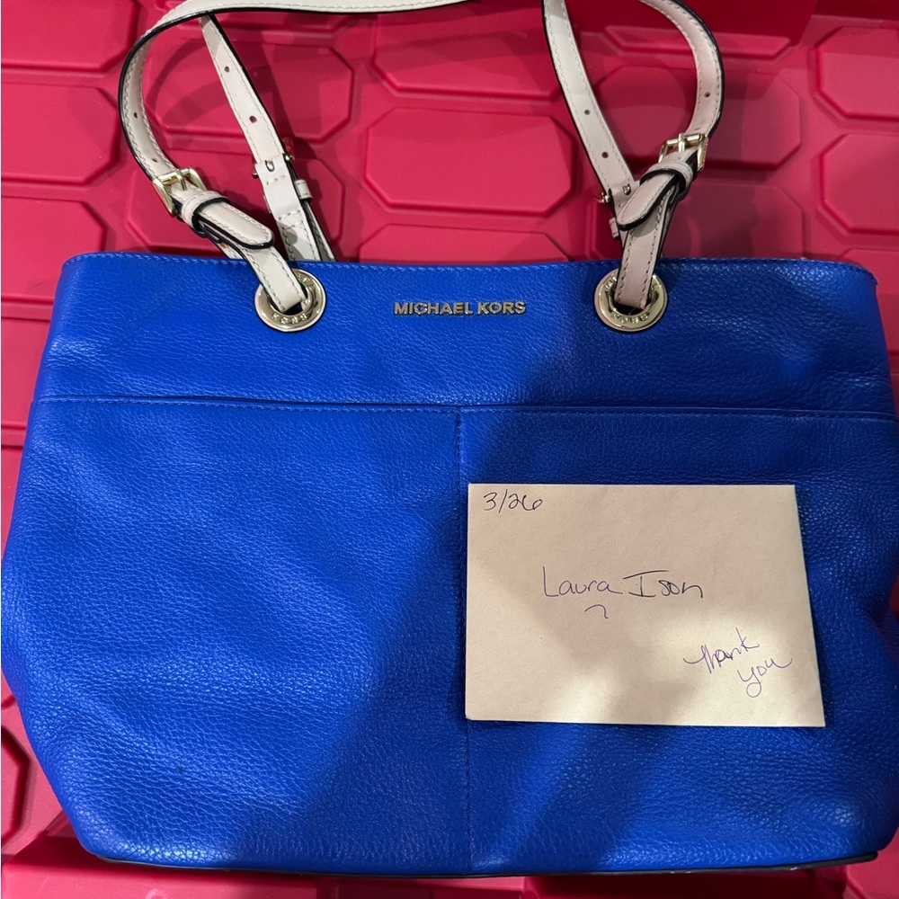 Michael Kors Royal Blue Tote with Cream Straps
